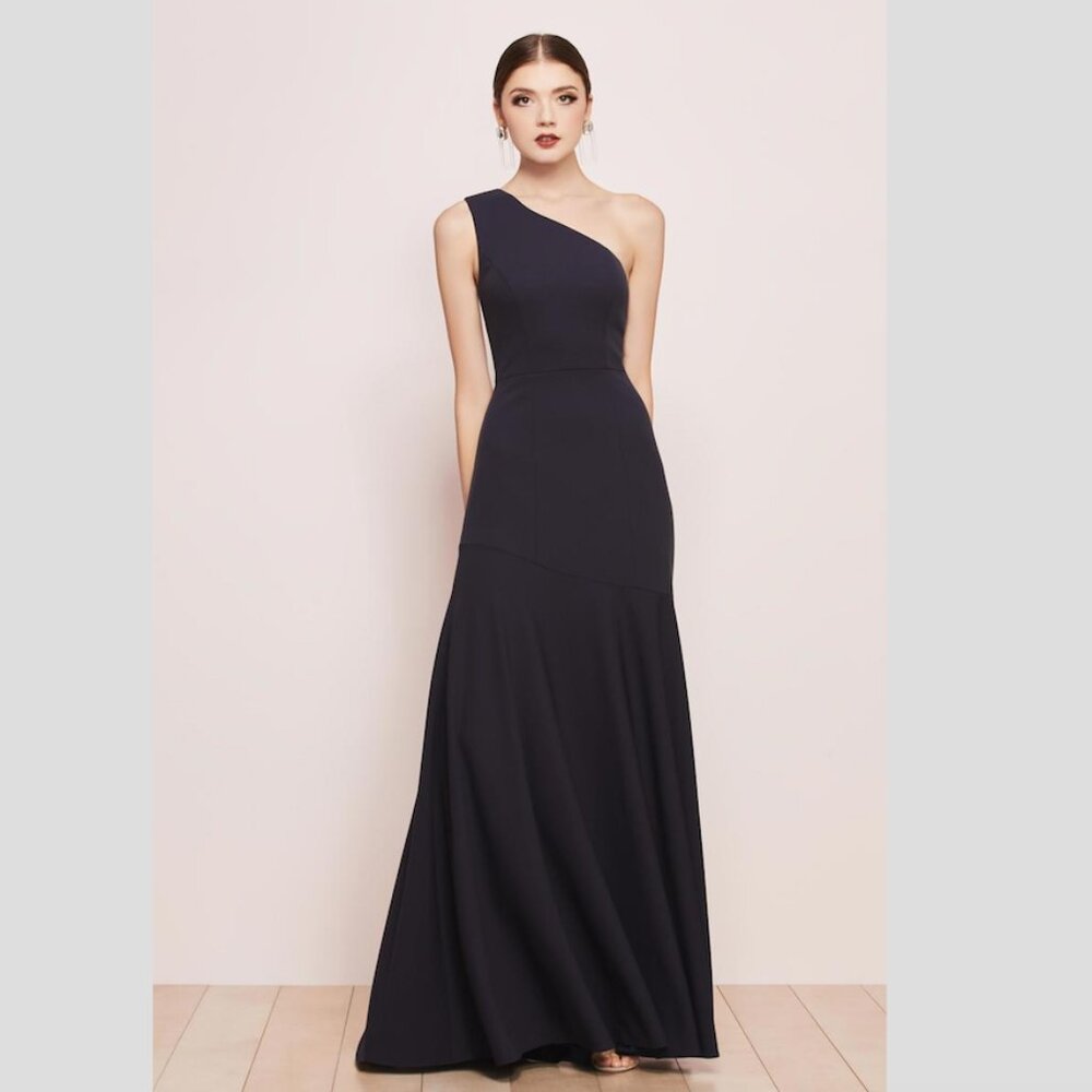 Watters Booker One- Shoulder Crepe Gown in Navy s. 14
